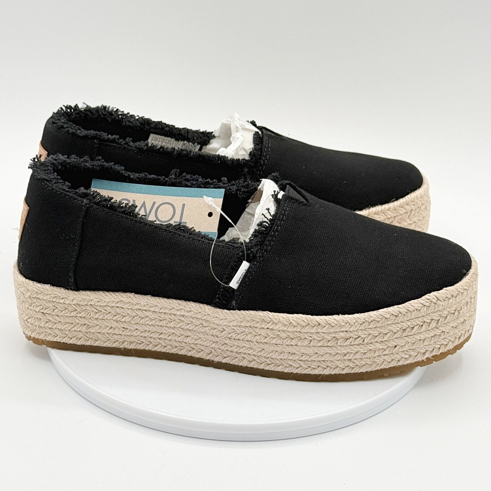 TOMS Valencia Platform Espadrille Black Canvas / Size 7 Womens / Slip-On NEW